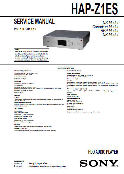SONY HAP-Z1ES SERVICE MANUAL BOOK IN ENGLISH HDD AUDIO PLAYER SYSTEM