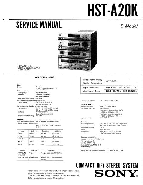 SONY HST-A20K SERVICE MANUAL BOOK IN ENGLISH COMPACT HIFI STEREO SYSTEM