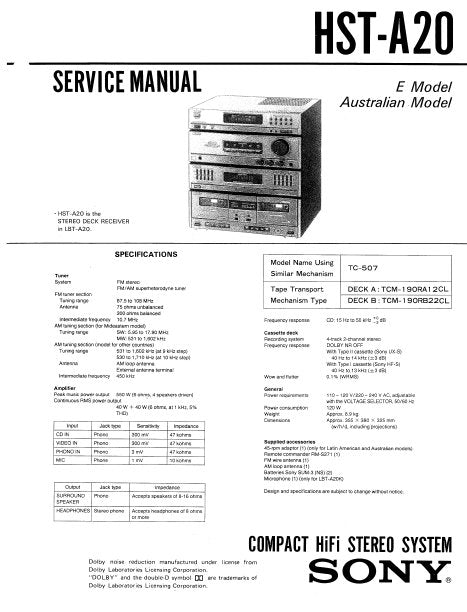 SONY HST-A20 SERVICE MANUAL BOOK IN ENGLISH COMPACT HIFI STEREO SYSTEM
