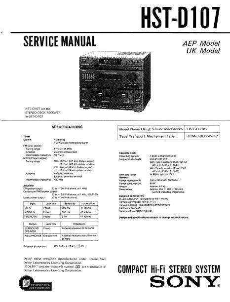 SONY HST-D107 SERVICE MANUAL BOOK IN ENGLISH COMPACT HIFI STEREO SYSTEM