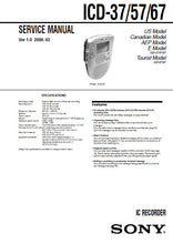 Load image into Gallery viewer, SONY ICD-37 ICD-57 ICD-67 SERVICE MANUAL BOOK IN ENGLISH IC RECORDER
