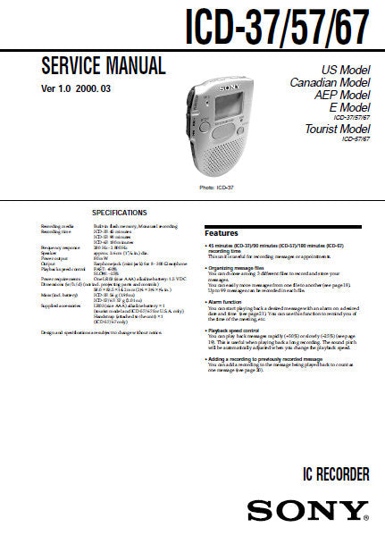 SONY ICD-37 ICD-57 ICD-67 SERVICE MANUAL BOOK IN ENGLISH IC RECORDER