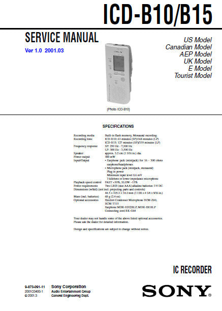 SONY ICD-B10 ICD-B15 SERVICE MANUAL BOOK IN ENGLISH IC RECORDER