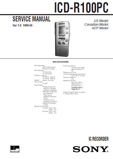 SONY ICD-R100PC SERVICE MANUAL BOOK IN ENGLISH IC RECORDER