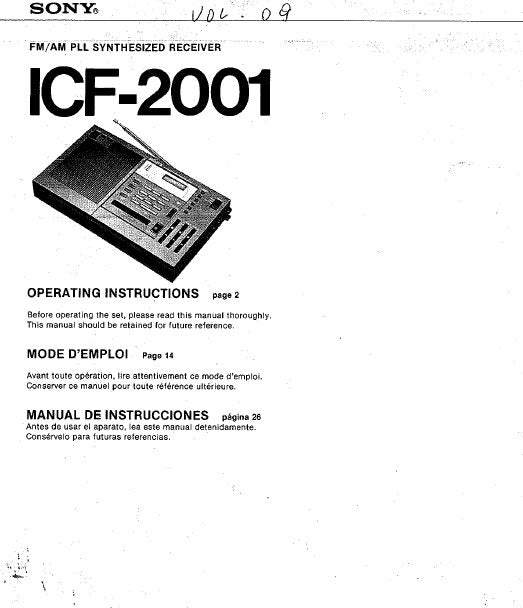 SONY ICF-2001 OPERATING INSTRUCTIONS BOOK IN ENGLISH FM AM PLL SYNTHESIZED RECEIVER