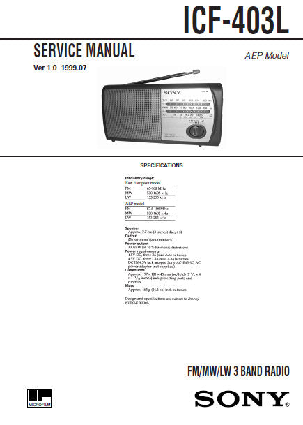 SONY ICF-403L SERVICE MANUAL BOOK IN ENGLISH FM MW LW 3 BAND RADIO