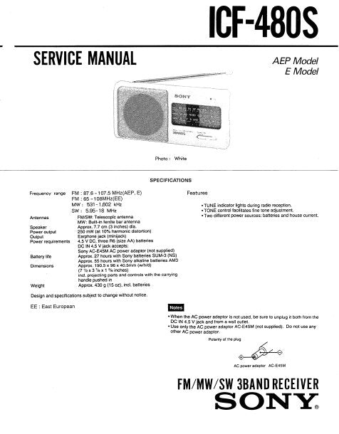 SONY ICF-480S SERVICE MANUAL BOOK IN ENGLISH FM MW SW 3 BAND RECEIVER