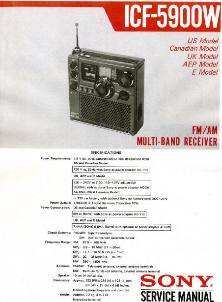 SONY ICF-5900W SERVICE MANUAL BOOK IN ENGLISH FM AM MULTIBAND RECEIVER