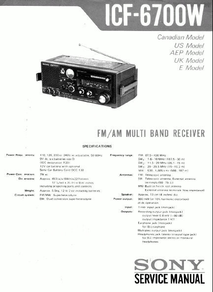 SONY ICF-6700W SERVICE MANUAL BOOK IN ENGLISH FM AM MULTI BAND RECEIVER