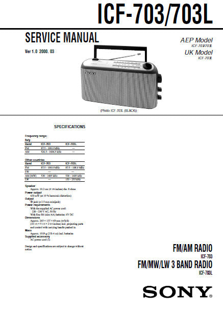 SONY ICF-703 ICF-703L SERVICE MANUAL BOOK IN ENGLISH FM AM RADIO FM MW LW 3 BAND RADIO