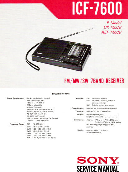 SONY ICF-7600 SERVICE MANUAL BOOK IN ENGLISH FM MW SW 7 BAND RECEIVER