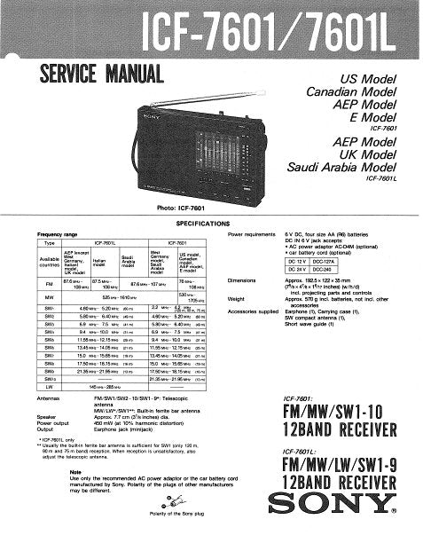 SONY ICF-7601 ICF-7601L SERVICE MANUAL BOOK IN ENGLISH FM MW SW 1-10 12 BAND RECEIVER FM MW LW SW 1-9 12 BAND RECEIVER