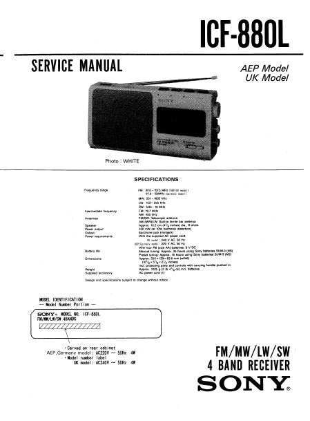SONY ICF-880L SERVICE MANUAL BOOK IN ENGLISH FM MW LW SW 4 BAND RECEIVER