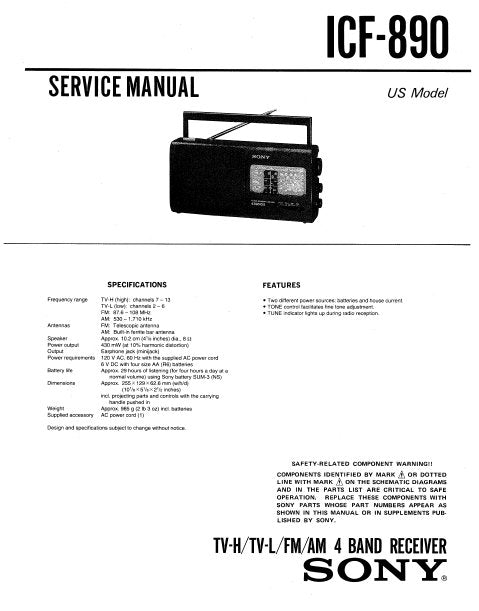 SONY ICF-890 SERVICE MANUAL BOOK IN ENGLISH TV-H TV-L FM AM 4 BAND RECEIVER