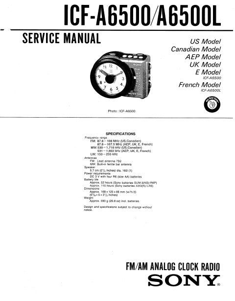 SONY ICF-A6500 ICF-A6500L SERVICE MANUAL BOOK IN ENGLISH FM AM ANALOG CLOCK RADIO