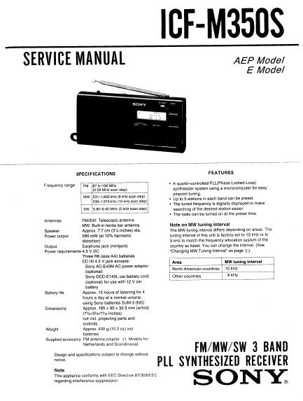 SONY ICF-M350S SERVICE MANUAL BOOK IN ENGLISH FM MW SW 3 BAND PLL SYNTHESIZED RECEIVER