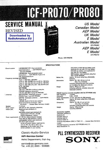 SONY ICF-PRO70 ICF-PRO80 SERVICE MANUAL BOOK IN ENGLISH PLL SYNTHESIZED RECEIVER