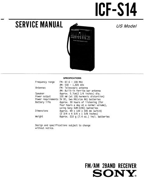 SONY ICF-S14 SERVICE MANUAL BOOK IN ENGLISH FM AM 2 BAND RECEIVER