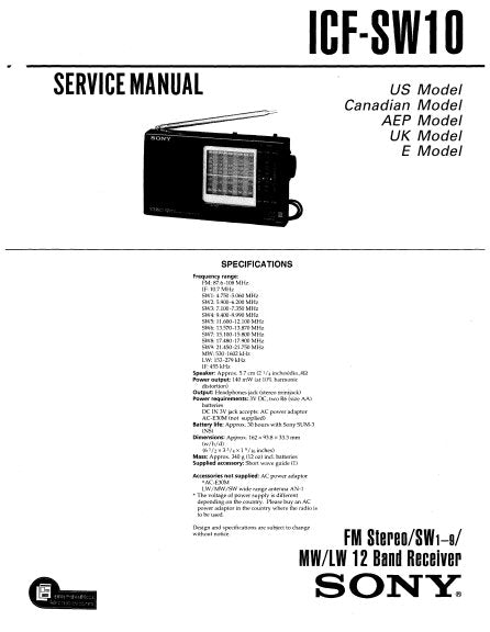 SONY ICF-SW10 SERVICE MANUAL BOOK IN ENGLISH FM STEREO SW 1-9 MW LW 12 BAND RECEIVER