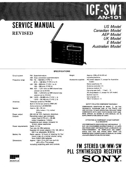 SONY ICF-SW1 SERVICE MANUAL BOOK IN ENGLISH FM STEREO LW MW SW PLL SYNTHESIZED RECEIVER