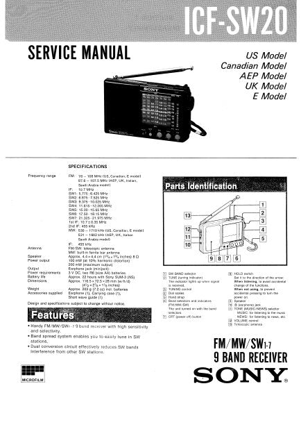 SONY ICF-SW20 SERVICE MANUAL BOOK IN ENGLISH FM MW SW 1-7 9 BAND RECEIVER