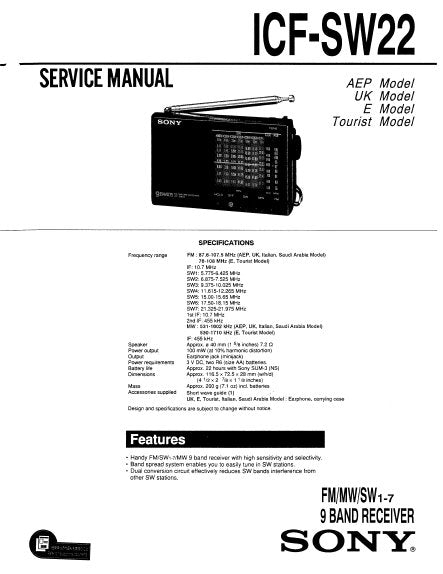 SONY ICF-SW22 SERVICE MANUAL BOOK IN ENGLISH FM MW SW 1-7 9 BAND RECEIVER