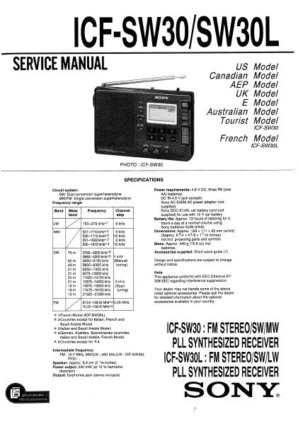 SONY ICF-SW30 ICF-SW30OL SERVICE MANUAL BOOK IN ENGLISH FM STEREO SW MW PLL SYNTHESIZED RECEIVER FM STEREO SW LW PLL SYNTHESIZED RECEIVER