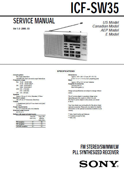 SONY ICF-SW35 SERVICE MANUAL BOOK IN ENGLISH FM STEREO SW MW LW PLL SYNTHESIZED RECEIVER