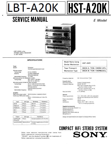 SONY LBT-A20K SERVICE MANUAL BOOK IN ENGLISH COMPACT HIFI STEREO SYSTEM