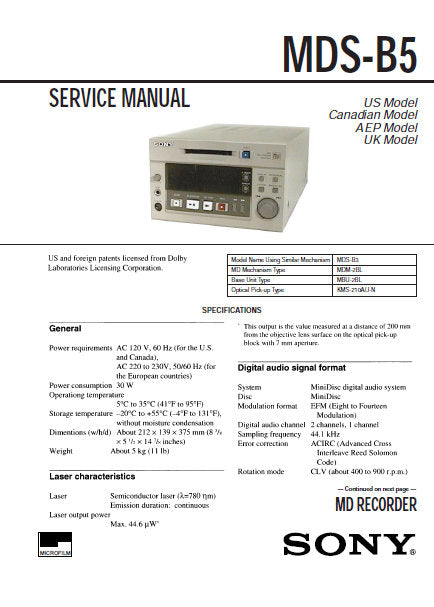 SONY MDS-B5 SERVICE MANUAL BOOK IN ENGLISH MD RECORDER