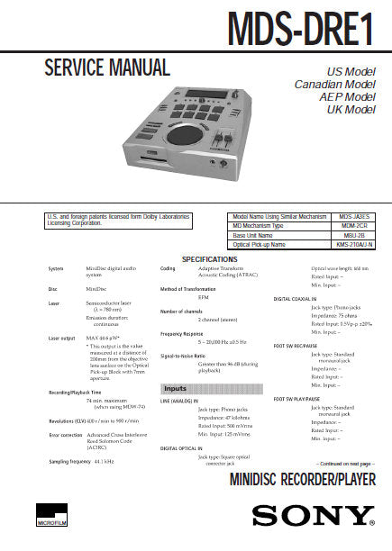 SONY MDS-DRE1 SERVICE MANUAL BOOK IN ENGLISH MD RECORDER PLAYER