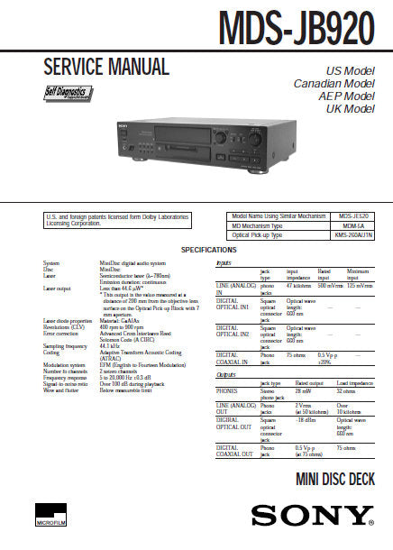 SONY MDS-JB920 SERVICE MANUAL BOOK IN ENGLISH MD DECK