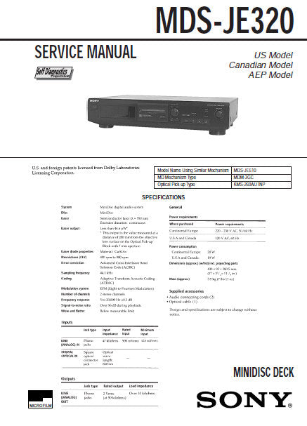 SONY MDS-JE320 SERVICE MANUAL BOOK IN ENGLISH MD DECK