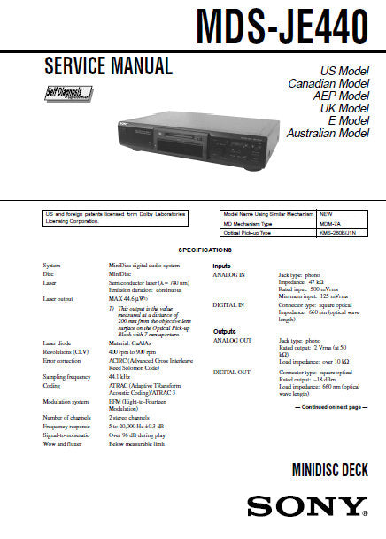 SONY MDS-JE440 SERVICE MANUAL BOOK IN ENGLISH MD DECK