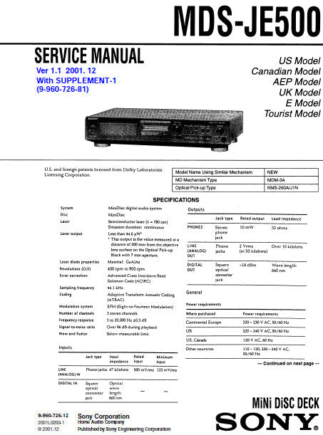 SONY MDS-JE500 SERVICE MANUAL BOOK IN ENGLISH MD DECK