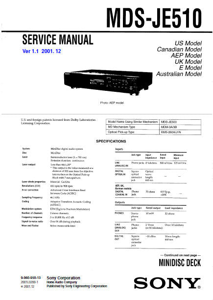 SONY MDS-JE510 SERVICE MANUAL BOOK IN ENGLISH MD DECK