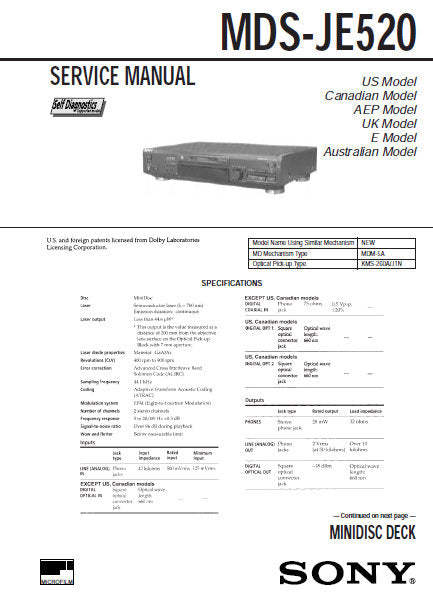 SONY MDS-JE520 SERVICE MANUAL BOOK IN ENGLISH MD DECK