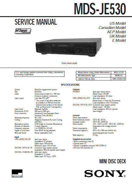 SONY MDS-JE530 SERVICE MANUAL BOOK IN ENGLISH MD DECK