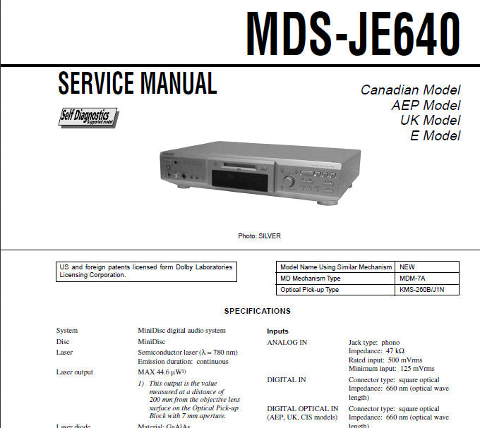 SONY MDS-JE640 SERVICE MANUAL BOOK 66 PAGES IN ENGLISH MINIDISC DECK