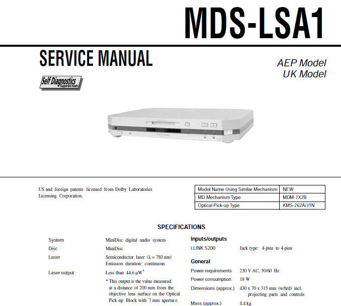 SONY MDS-LSA1 SERVICE MANUAL BOOK 80 PAGES IN ENGLISH MINIDISC DECK