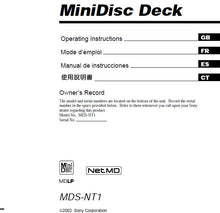 Load image into Gallery viewer, SONY MDS-NT1 OPERATING INSTRUCTIONS BOOK 46 PAGES IN ENGLISH MINIDISC DECK
