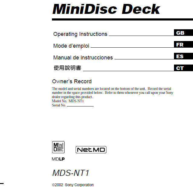 SONY MDS-NT1 OPERATING INSTRUCTIONS BOOK 46 PAGES IN ENGLISH MINIDISC DECK