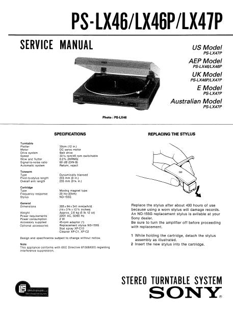 SONY PS-LX46 PS-LX46P PS-LX47P SERVICE MANUAL BOOK IN ENGLISH STEREO TURNTABLE SYSTEM