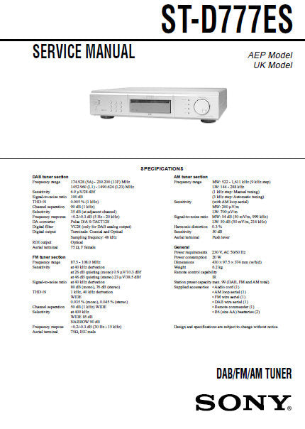 SONY ST-D777ES SERVICE MANUAL BOOK IN ENGLISH DAB FM AM TUNER