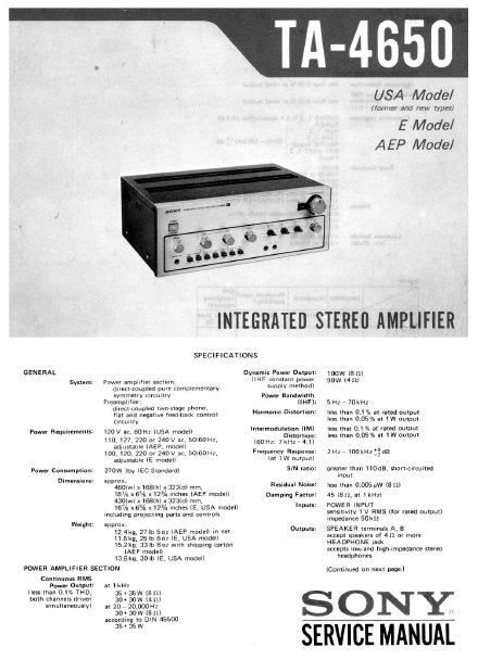 SONY TA-4650 SERVICE MANUAL BOOK IN ENGLISH INTEGRATED STEREO AMPLIFIER