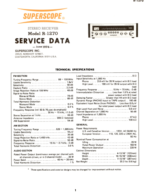 SUPERSCOPE R-1270 SERVICE DATA BOOK IN ENGLISH STEREO RECEIVER