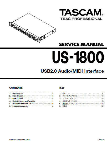 TASCAM US-1800 SERVICE MANUAL BOOK IN ENGLISH USB2.0 AUDIO MIDI INTERFACE