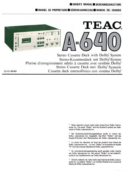 TEAC A-640 OWNER'S MANUAL BOOK IN ENGLISH STEREO CASSETTE DECK