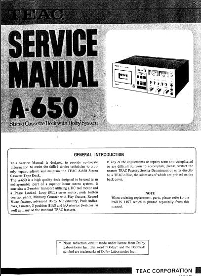 TEAC A-650 SERVICE MANUAL BOOK IN ENGLISH STEREO CASSETTE DECK