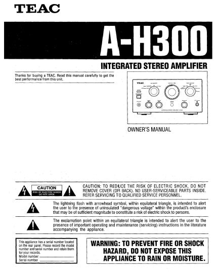 TEAC A-H300 OWNER'S MANUAL BOOK IN ENGLISH INTEGRATED STEREO AMPLIFIER